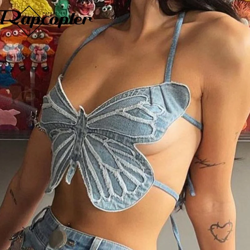 Butterfly Jeans Crop Top Houndstooth Herringbone Solid