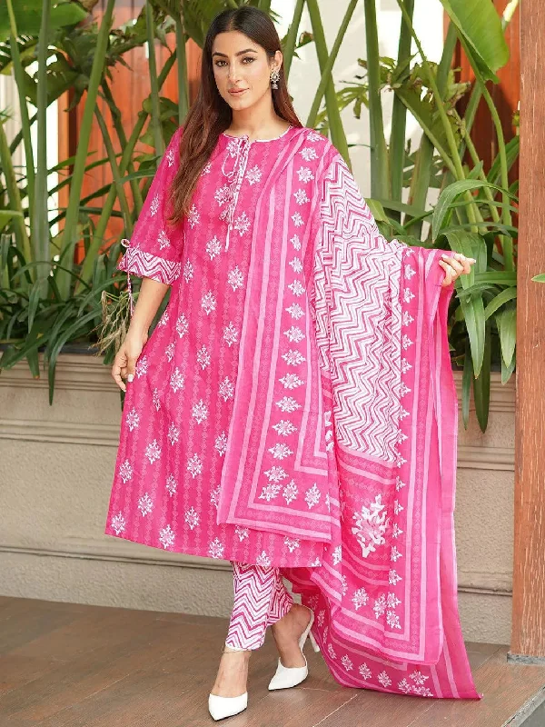 Pink Printed Cotton Straight Kurta With Trousers & Dupatta Trousers Handmade Artisanal