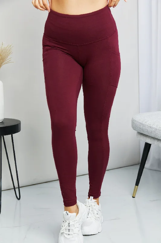 Ready to Roll Wide Waistband Pocket Leggings in Burgundy - Boutique Fashionable Leather-Look Leggings Ready to Roll Wide Waistband Pocket Leggings in Burgundy - Boutique Fashionable Leather-Look Leggings