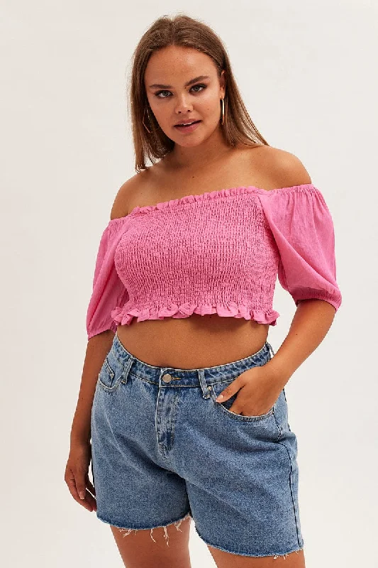 Pink Shirred Short Sleeve Crop Top Collared Crew Neck Turtle Neck