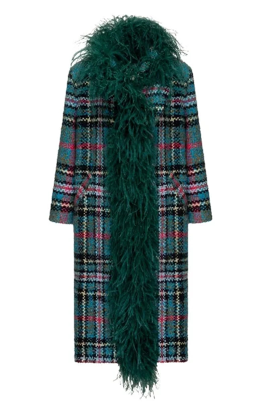 CHECKERED TWEED BOA GREEN COAT Trim Padded Insulated