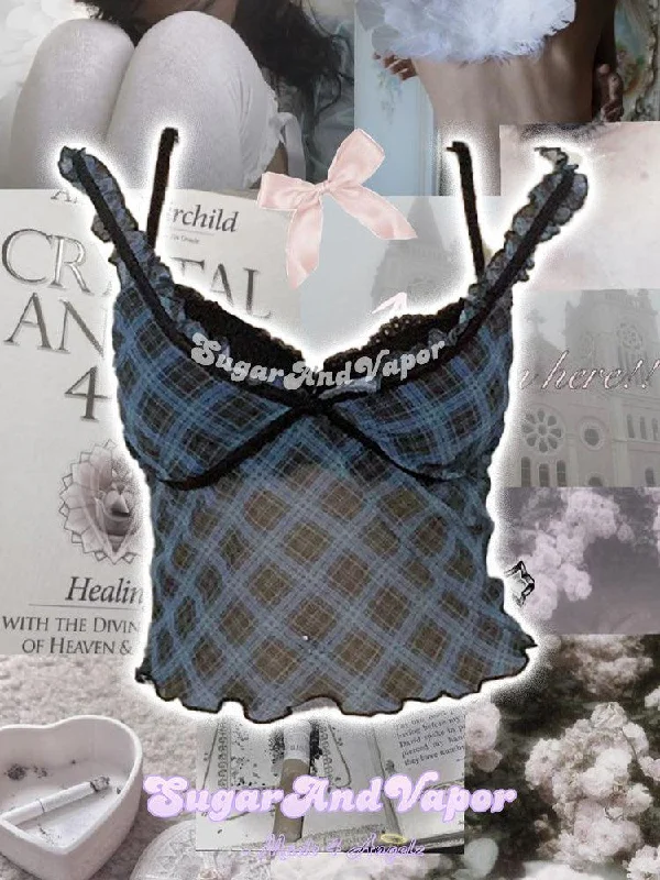 Harley Blue Plaid Mesh Fake 2 Pieces Crop Top Rayon Fabric Velvet Fabric Corduroy Fabric Harley Blue Plaid Mesh Fake 2 Pieces Crop Top Rayon Fabric Velvet Fabric Corduroy Fabric
