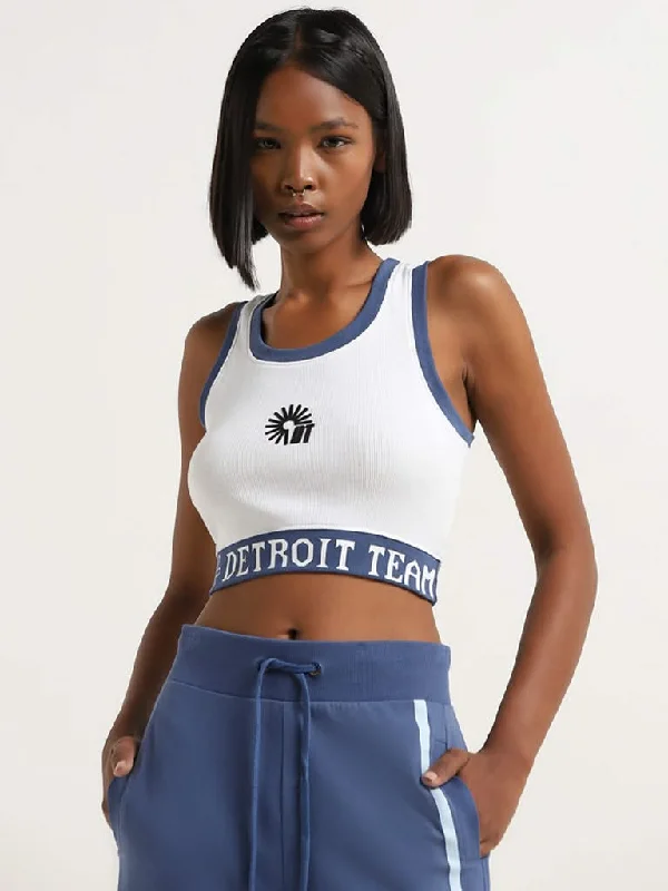 Studiofit White and Blue Text Printed Cotton Blend Crop Top Sequined Glittery Shiny