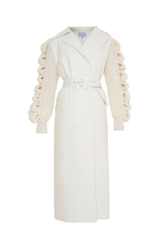 FAUX LEATHER WHITE COAT WITH KNITTED SLEEVES Tie-Waist Belted Drawstring