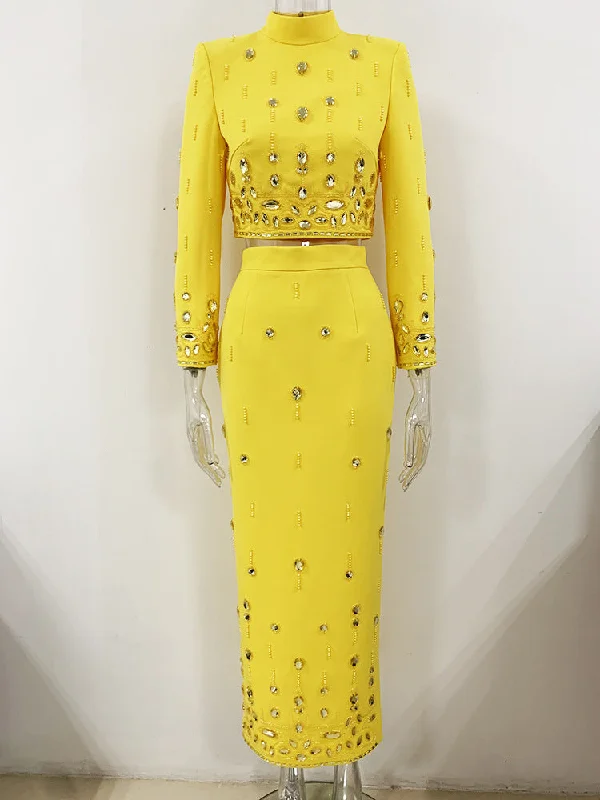 Women Luxury Big jewellery Crop Top + Long Skirt Skirt Suit Yellow, White, Black Asymmetrical Pockets Print