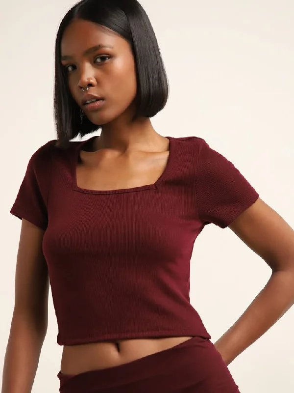 Superstar Dark Brown Ribbed Crop Top Embroidered Appliqued Beaded