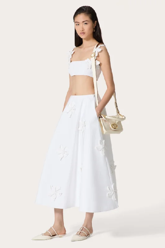 Floral Appliqué Crop Top & Skirt Set Solid Print Embellished