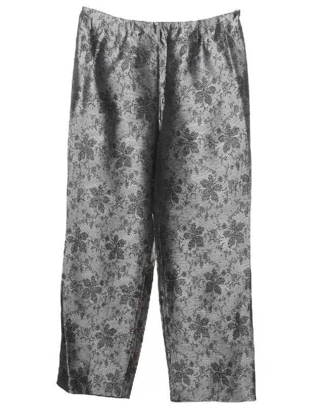 Floral Design Black & Silver Shiny Lace Trousers - W32 L32 Trousers New Arrival