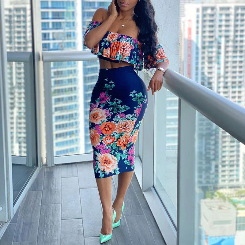 Floral Print Ruffled Crop Top & Bodycon Skirt Casual Formal Business