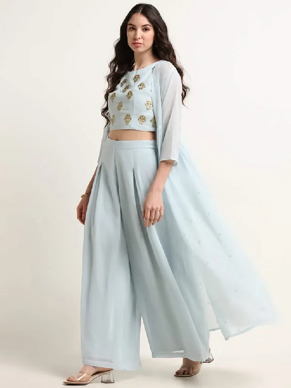 Vark Blue Embroidered Crop Top, Overlay and Palazzos Set Handmade Hand-knitted Hand-woven
