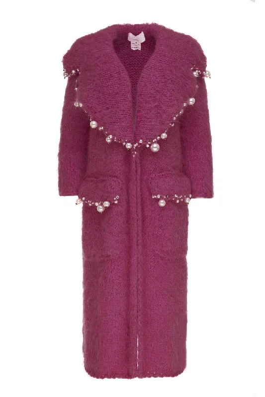 PEARL EMBROIDERED PURPLE MOHAIR COAT Sequined Lace Ribbed