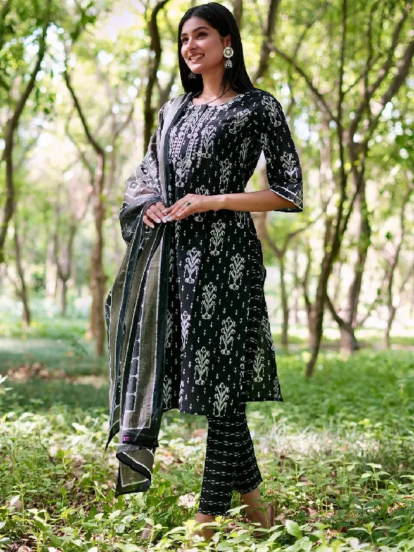 Black Printed Cotton Straight Kurta With Trousers & Dupatta High Waist Slim Fit Ankle Length Black Printed Cotton Straight Kurta With Trousers & Dupatta High Waist Slim Fit Ankle Length