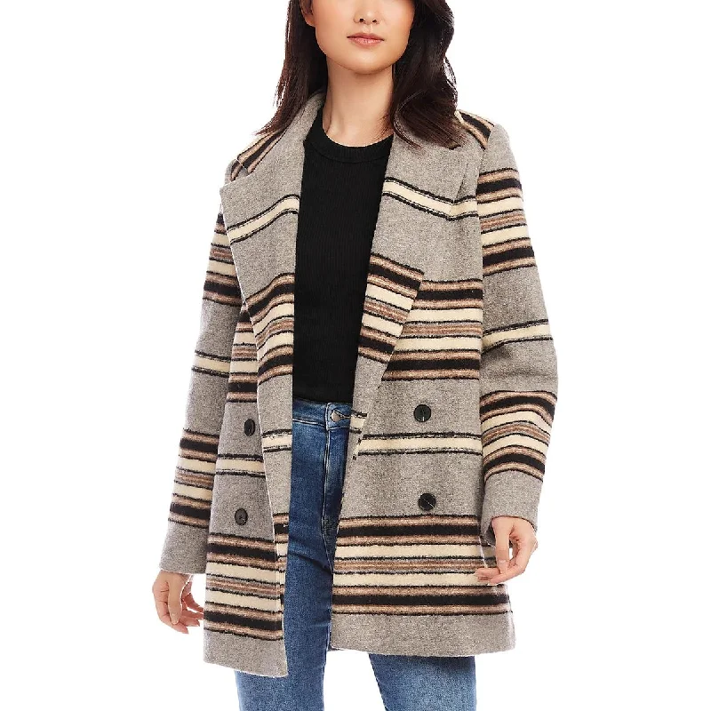 Karen Kane Womens Wool Blend Double-Breasted Pea Coat Denim Leather Suede