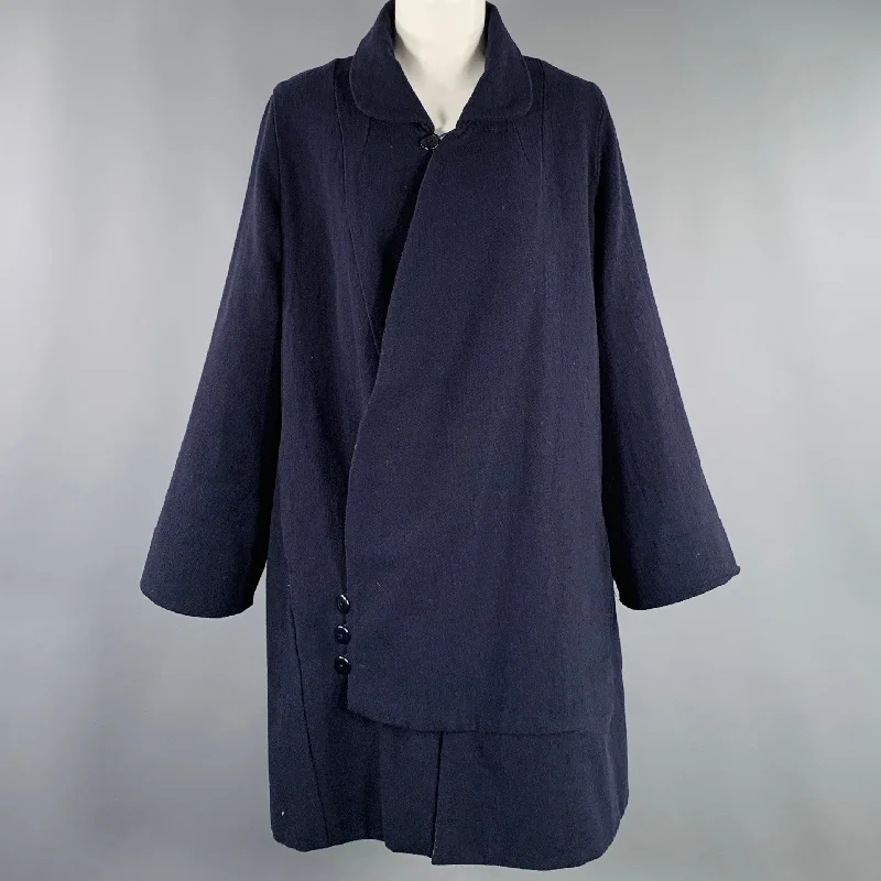 KAPITAL Size S Navy Wool Blend A-Line Coat Elasticated Drawstring Belted
