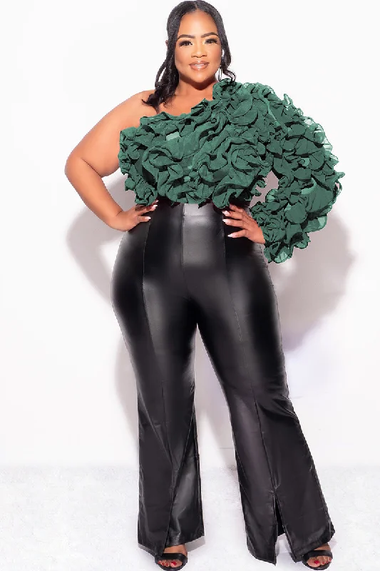 Final Sale Plus Size Ruffled One Shoulder Crop Top Hunter Green Print Jacquard Patchwork