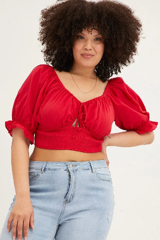 Red Crop Top Short Sleeve Cut Out Cotton Iron Safe Non-Iron Wrinkle Free