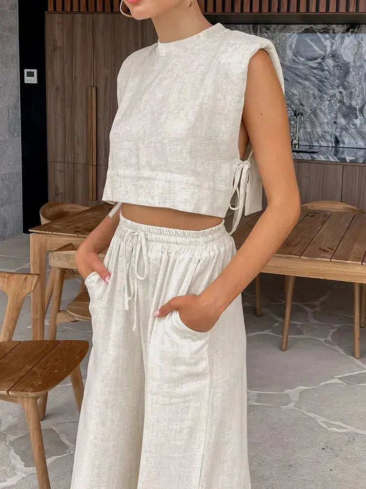 Linen Lace Up Crop Top & Pants Two Piece Set Satin Blend Silk Blend Wool Blend