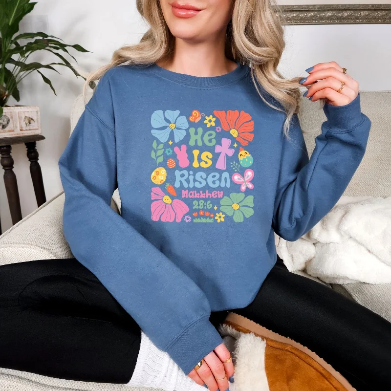Hazel Blues® |  He Is Risen Boho Floral Graphic Sweatshirt Hoodie with Hem Contrast Bold Stylish