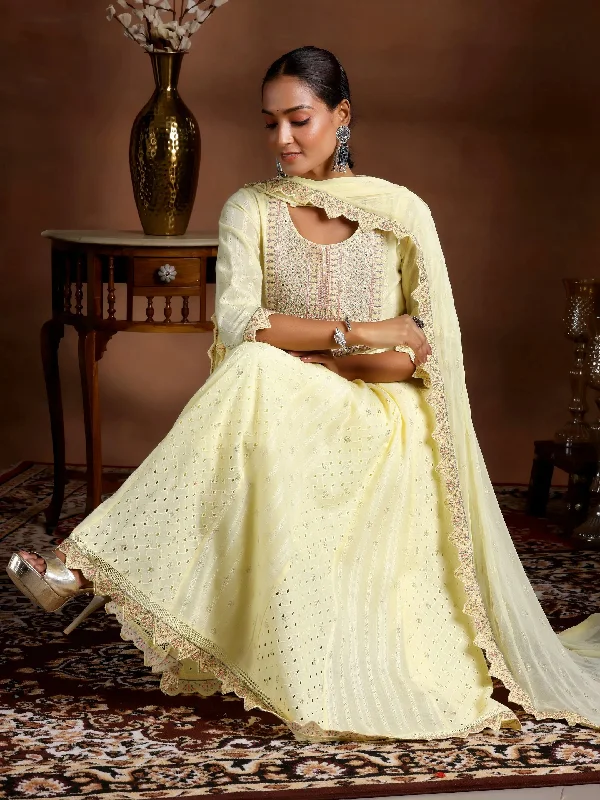 Yellow Embroidered Cotton A-Line Kurta With Trousers & Dupatta Trousers Denim Distressed
