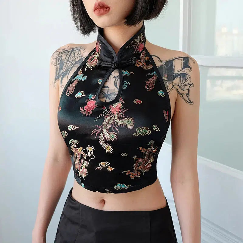 Dragon Backless Crop Top Welt Pockets Slit Pockets Flap Pockets