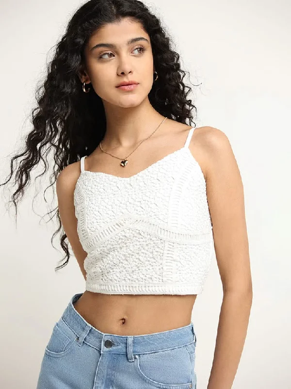 Nuon White Cotton Crochet Detail Crop Top Houndstooth Herringbone Solid