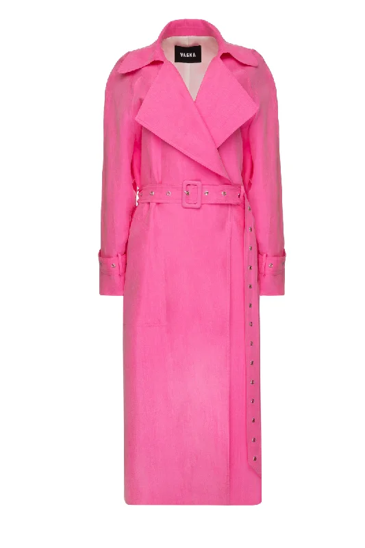 BELTED HOT PINK TRENCH  COAT Fleece Down Feather