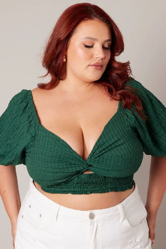 Green Crop Top Short Sleeve Cut Out Textured Chenille Brocade Lace