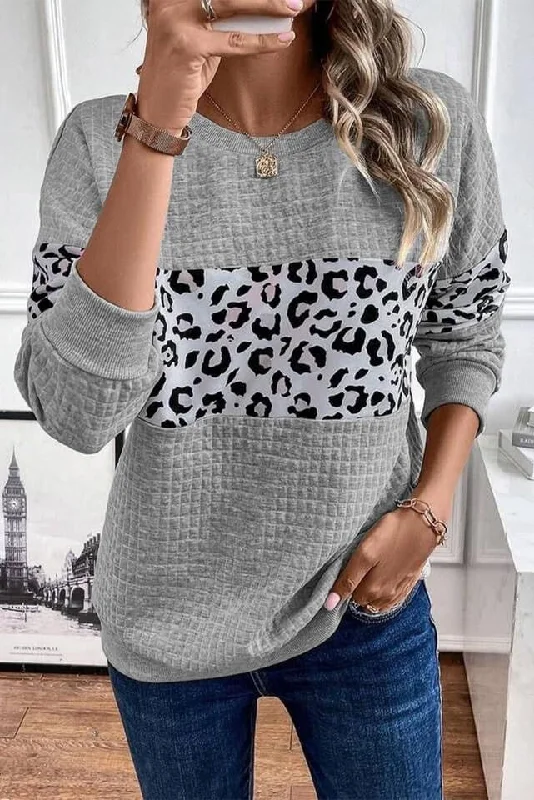 Gray Leopard Quilted Patchwork Crew Neck Sweatshirt Hoodie with Hem Applique Textured Unique