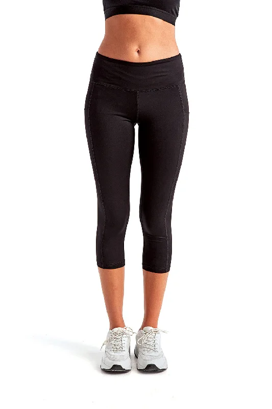 TriDri Womens Performance 3/4 Length Leggings w/ Pockets - Black Comfortable Sports Performance Tights