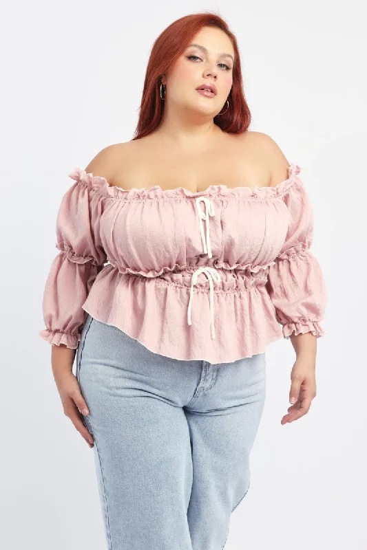 Pink Crop Top Off Shoulder 3/4 Sleeve Contrast Bow Fashionable Trendy Casual