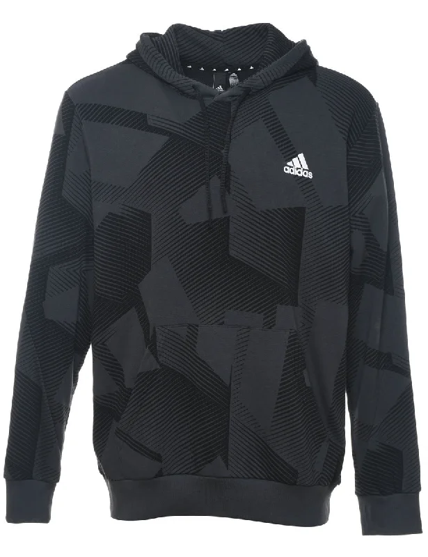 Adidas Dark Grey & Black Patterned Hoodie - L Zip Hoodie Drawstring Kangaroo Pocket