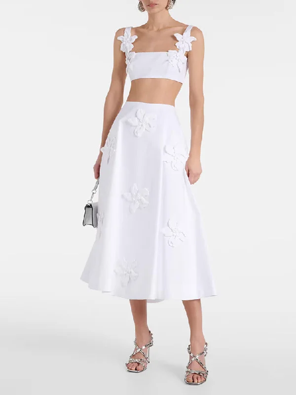 White 3D Flowers Embroidery Crop Top + Long Flare Skirt Suit Welt Pockets Slit Pockets Flap Pockets White 3D Flowers Embroidery Crop Top + Long Flare Skirt Suit Welt Pockets Slit Pockets Flap Pockets
