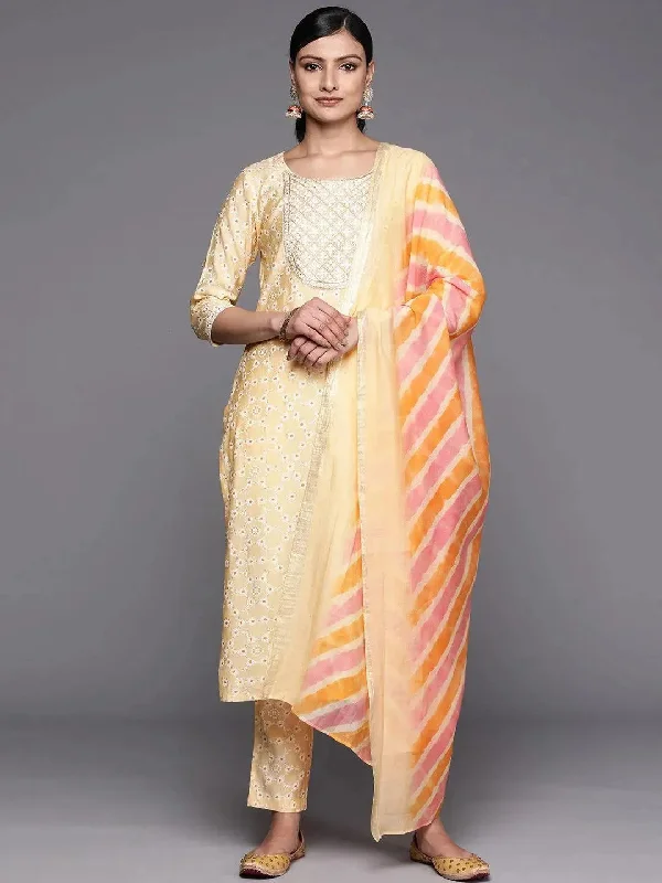 Yellow Yoke Design Silk Blend Straight Kurta With Trousers & Dupatta Trousers Velvet Soft