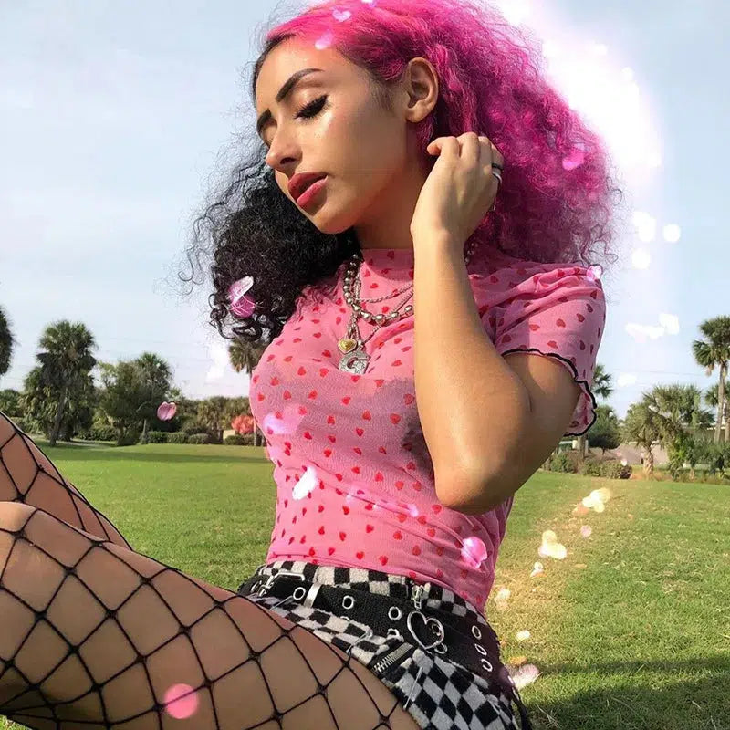 Baddie Heart Mesh Crop Top Zippered Front Buttoned Front Snap Front