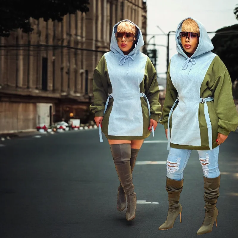 Side Olive and Front Denim Hoodie Dress/Top Hoodie with Contrast Stitching Detailed Premium Side Olive and Front Denim Hoodie Dress/Top Hoodie with Contrast Stitching Detailed Premium