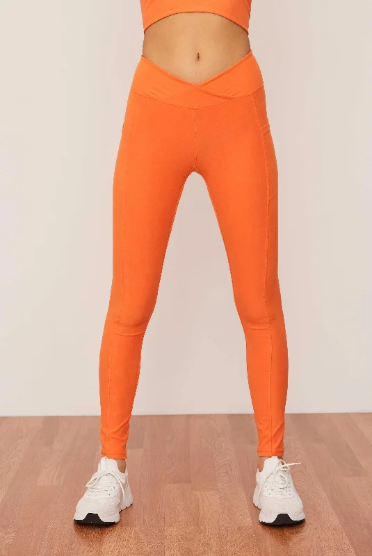Ruched Crossover Pocket Leggings (Tangerine) Fashionable Lacy Detail Leggings