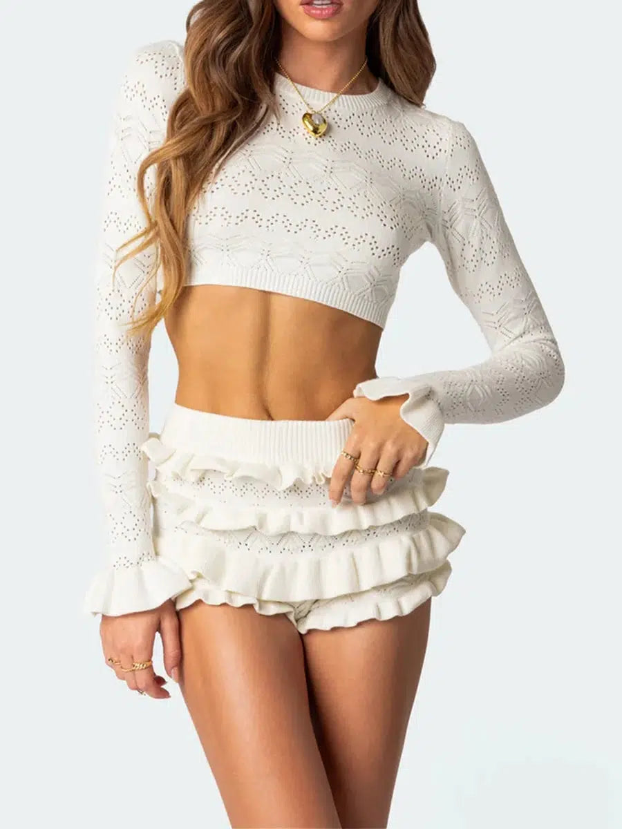 Knitted Crop Top & Ruffled Shorts Two Piece Set Summer Crop Top Casual Short Sleeve