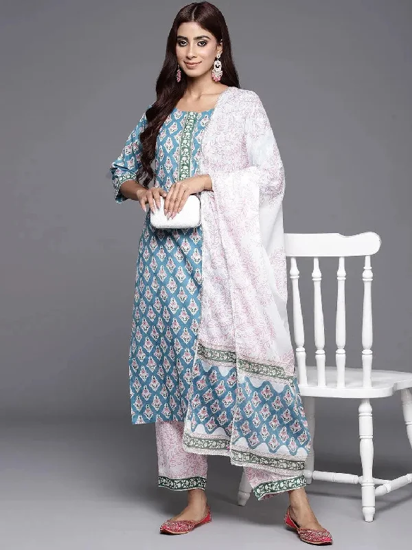 Blue Printed Cotton Straight Kurta With Trousers & Dupatta Trousers Office Stylish