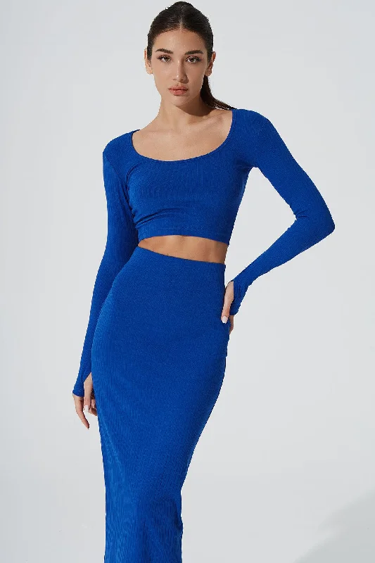 Zeya Knitted Long Sleeve Crop Top - Egyptian Blue Front Pockets Side Pockets Patch Pockets Zeya Knitted Long Sleeve Crop Top - Egyptian Blue Front Pockets Side Pockets Patch Pockets