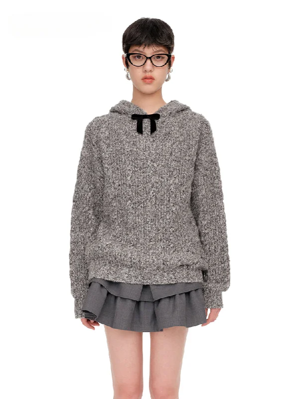 Bow-Tie Hooded Knit Hoodies Hoodie with Drawstring Waist Adjustable Fitted