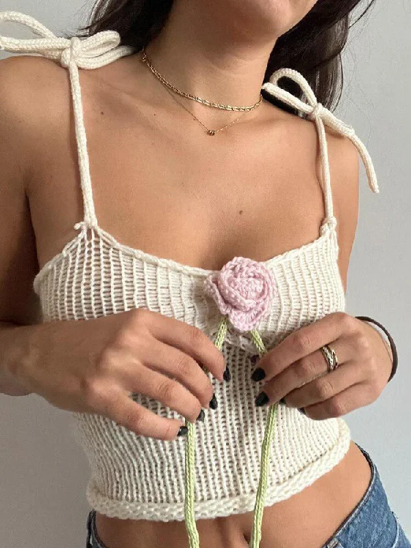 Rose Detailed Knitted Crop Top Solid Print Embellished