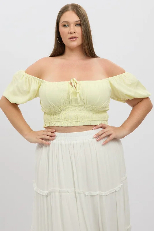 Yellow Crop Top Short Sleeve Ruched Bust Linen Blend Satin Blend Silk Blend Wool Blend