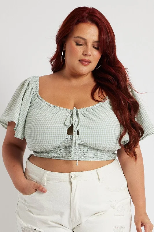 Green Check Crop Top Short Sleeve Cut Out Satin Fabric Silk Fabric Chiffon Fabric