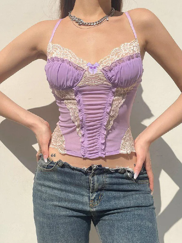 Y2K Lace Strap Crop Top Mesh Blend Leather Blend Suede Blend
