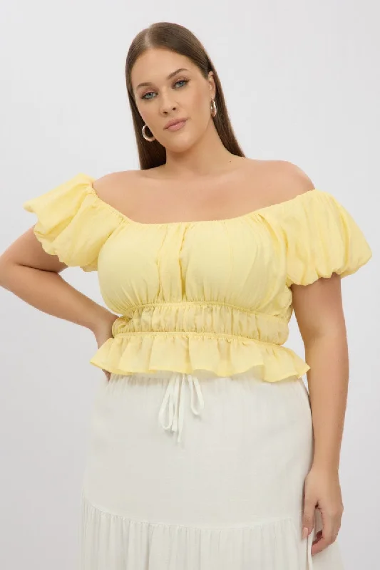 Yellow Ruffle Crop Top Puff Sleeve Zippered Front Buttoned Front Snap Front
