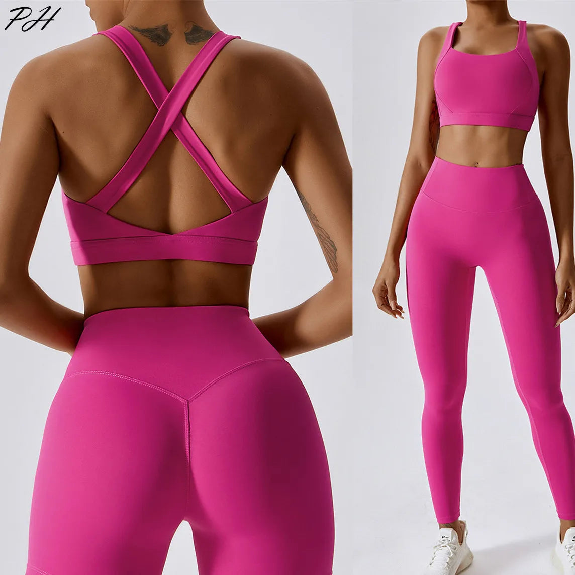 Yoga Set 2 Piece Women Sportswear Workout Clothes Women Sport Set Suits For Fitness Cross Back Bra Seamless Gym Push Up Leggings Trendy Foil Finish Leggings