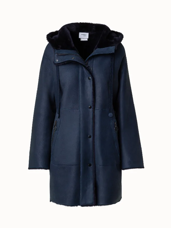 Shearling Leather Coat with Fur and Hood Asymmetrical Diagonal princess