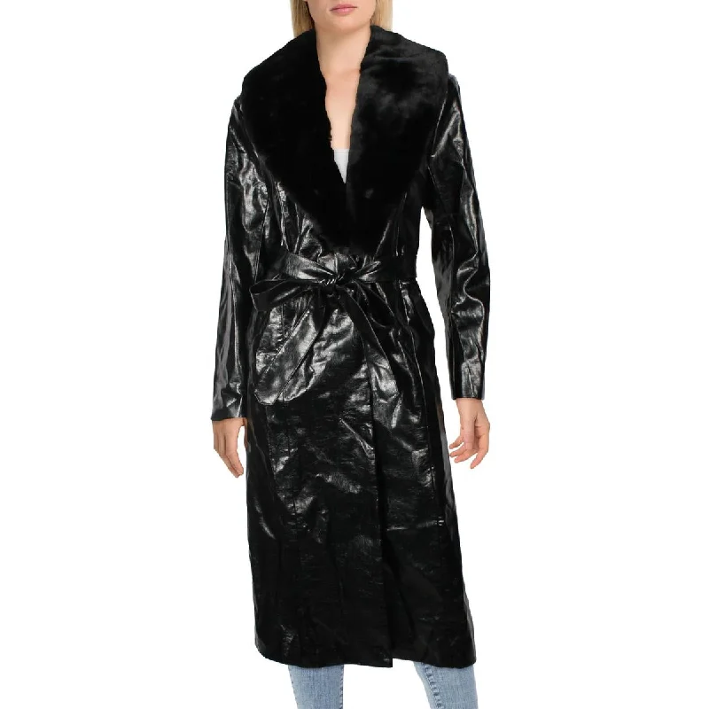 Danielle Bernstein Womens Collar Faux Leather Trench Coat Pockets Sleeves Lining