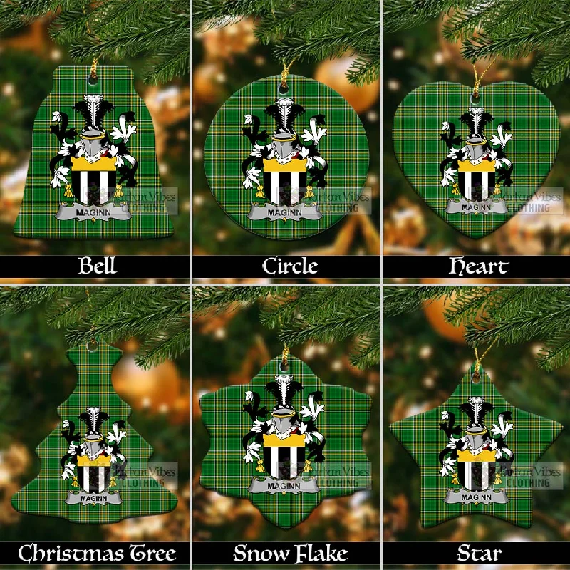 Maginn Irish Clan Tartan Christmas Ceramic Ornament with Coat of Arms Rayon Velvet Corduroy