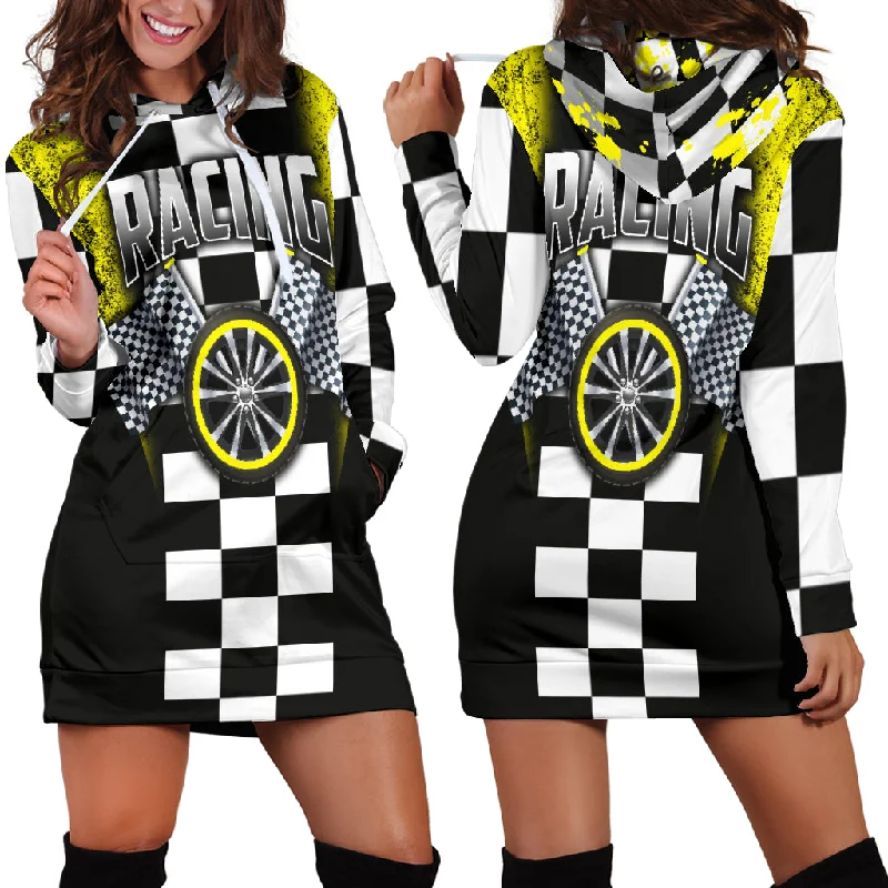 Racing Hoodie Dress Yellow Hoodie with Front Slit Layering Stylish